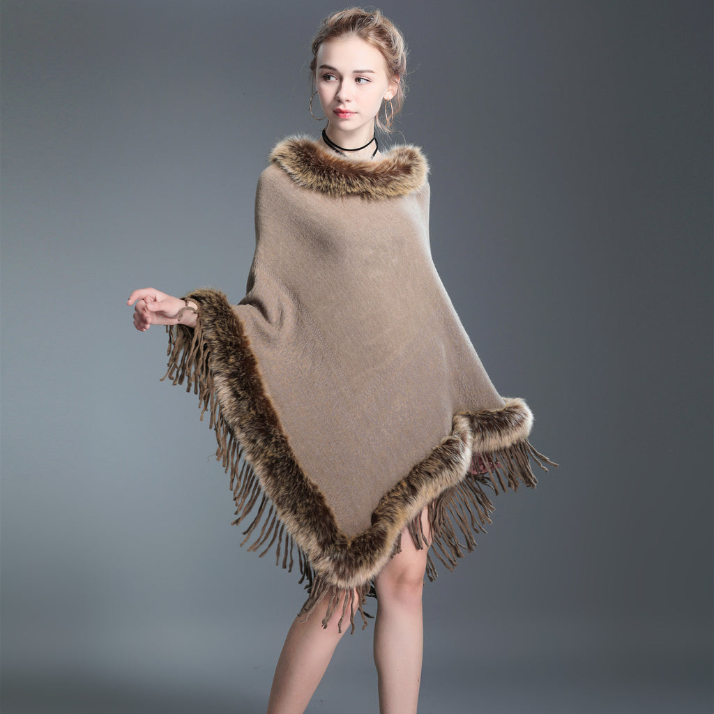 Women's Raccoon Fur Collar Shawl Cape Tassel Women's Sweater
