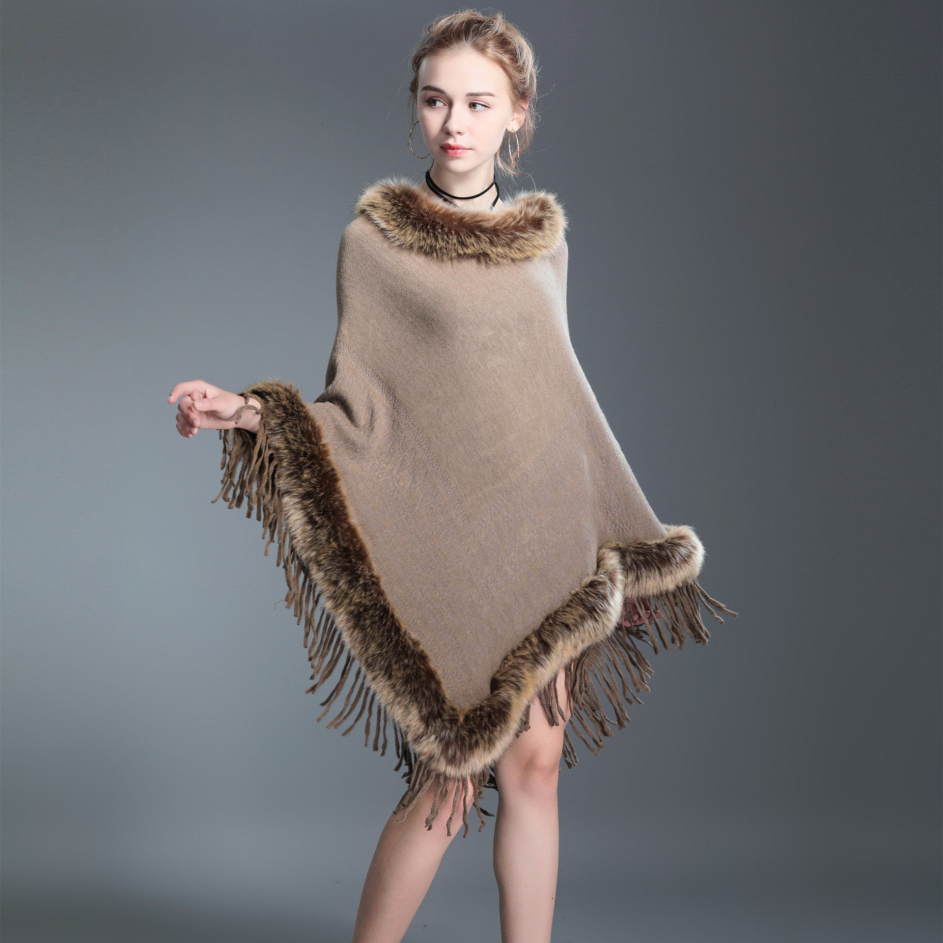 Women's Raccoon Fur Collar Shawl Cape Tassel Women's Sweater