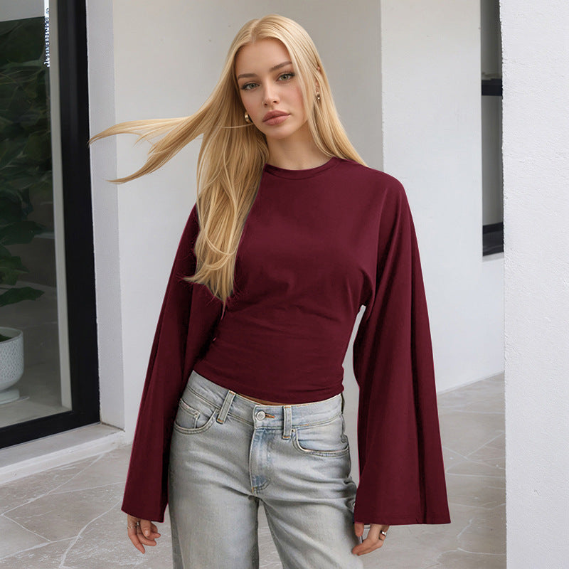 Women's Solid Color Round Neck Shoulder Across Sleeve Women's T-shirt