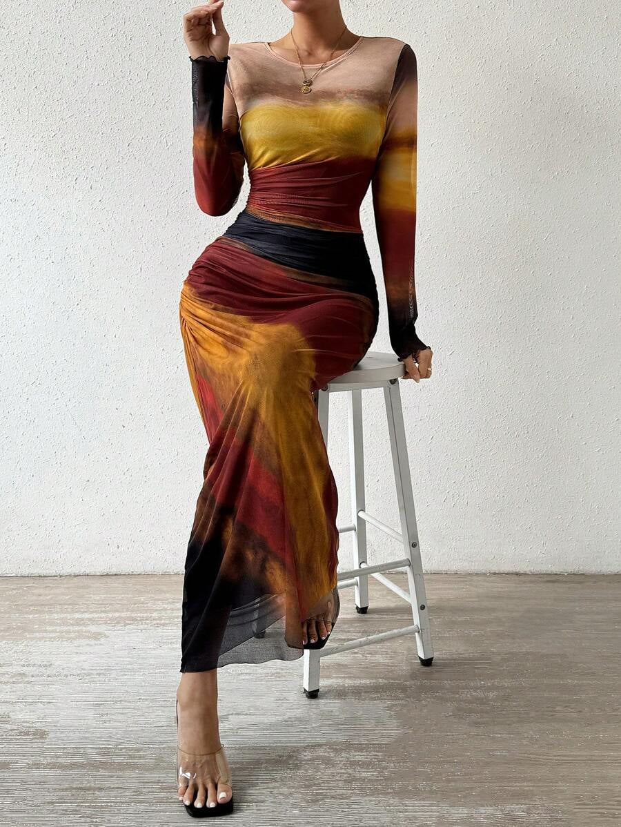 Fashion Mesh Printed Pleated Sexy Tight Round Dress