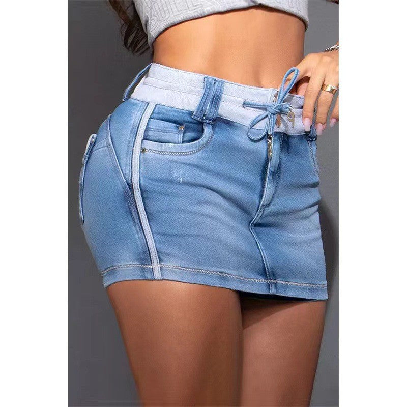 Trendy Unique Summer Stitching Drawstring Denim Skirt