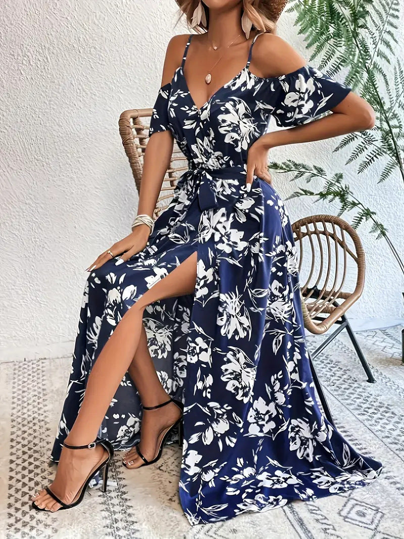 Floral Printed Sling Exotic Bohemian Vacation Style Elegant Dress