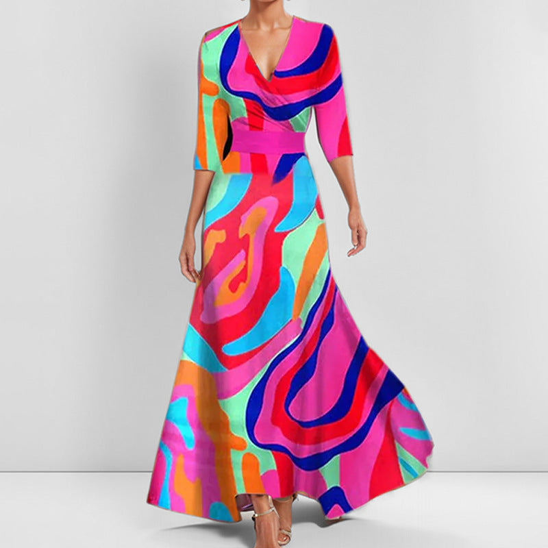 Women's Fashion Elegant Graceful Printed Pleated Large Dress