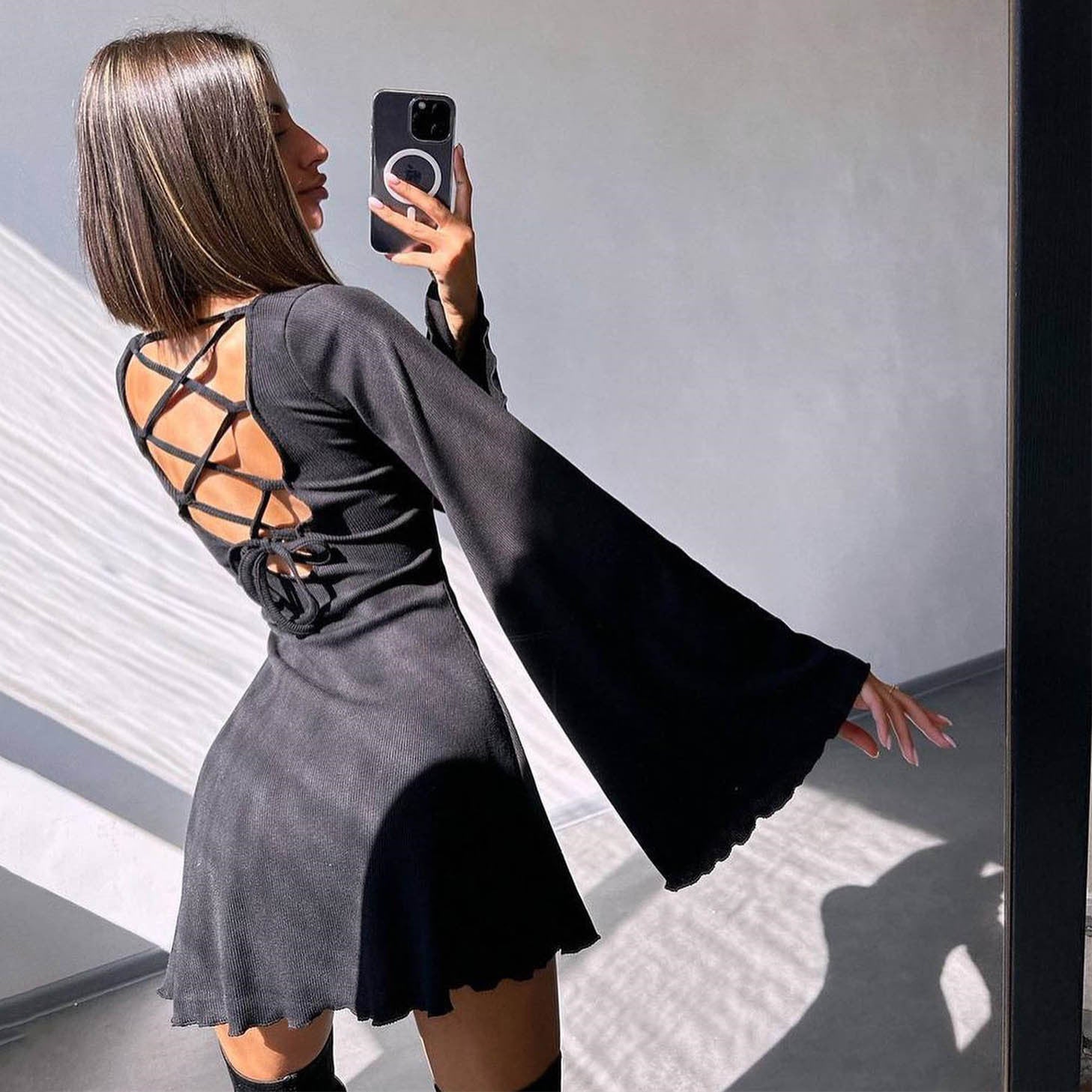 Women's Bell Sleeve Round Neck Hollow Out Dress