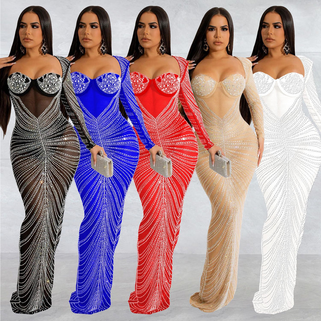 Women's Fashion Wear Hot Drilling Mesh Long Dress