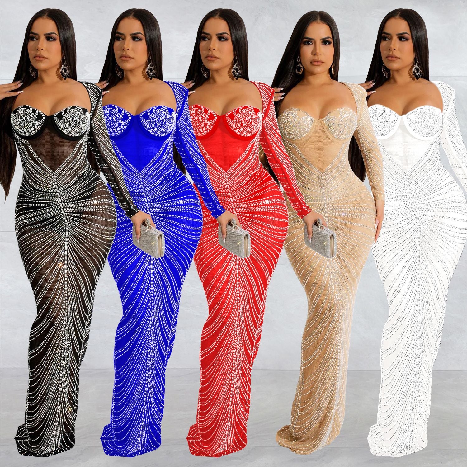 Women's Fashion Wear Hot Drilling Mesh Long Dress