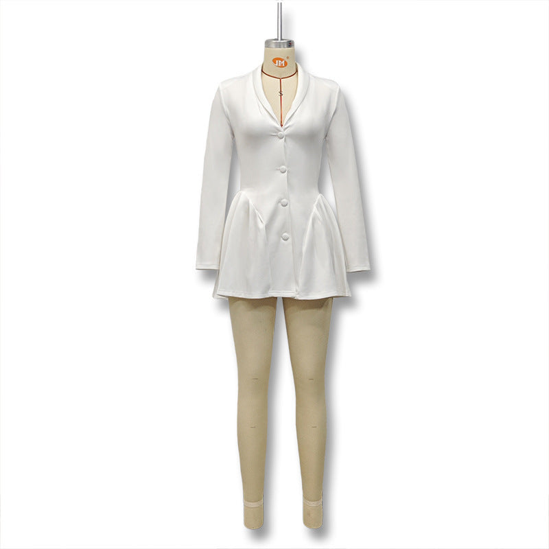 Women's Solid Color Long Sleeve Pleated Sexy Deep Dress