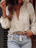 Women's Fashionable Floral Print Lace Stitching Tassel Blouse