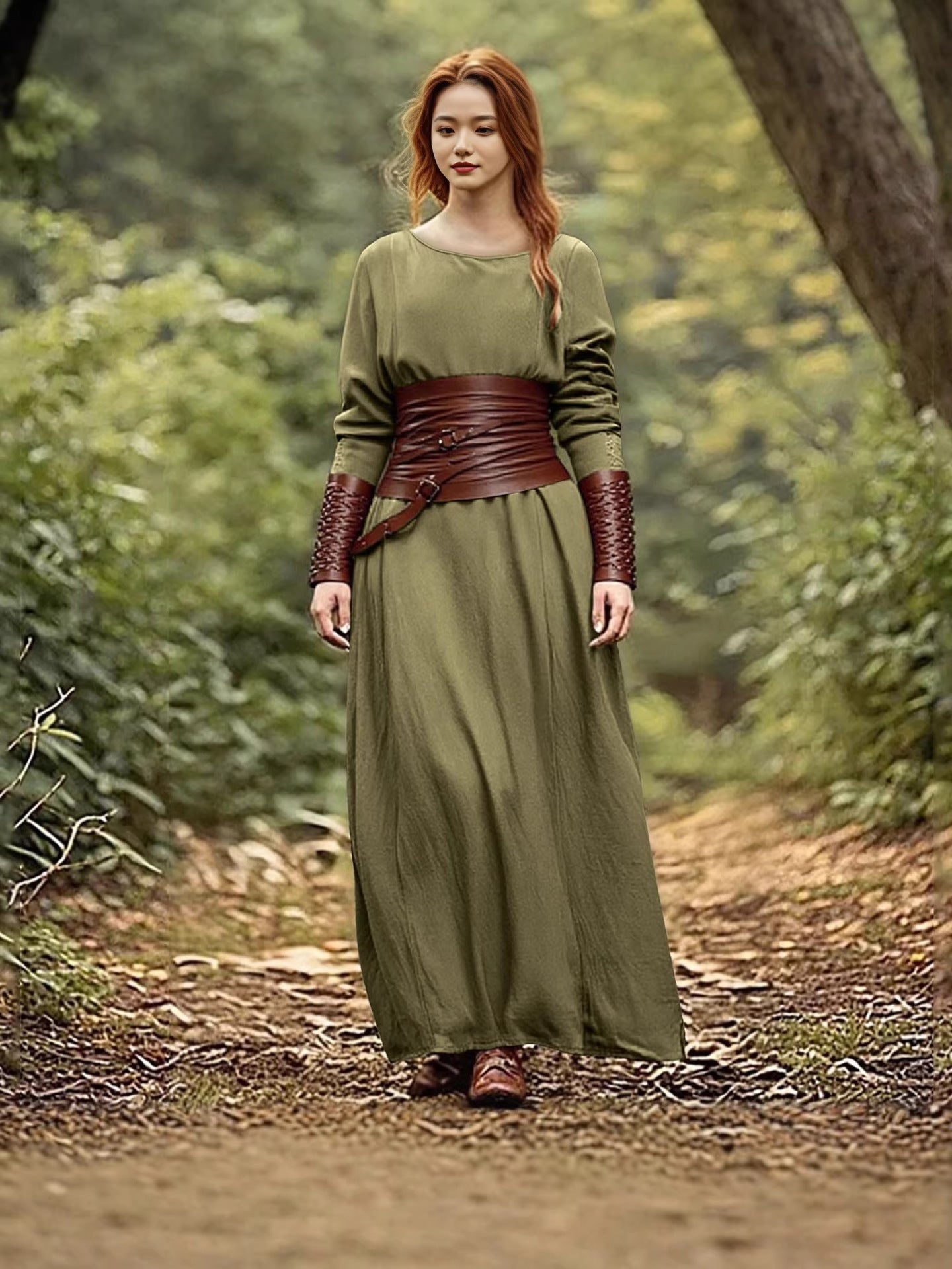 Women's Medieval Retro Crew Neck Long Sleeve Slim Artistic Cotton Linen Dress