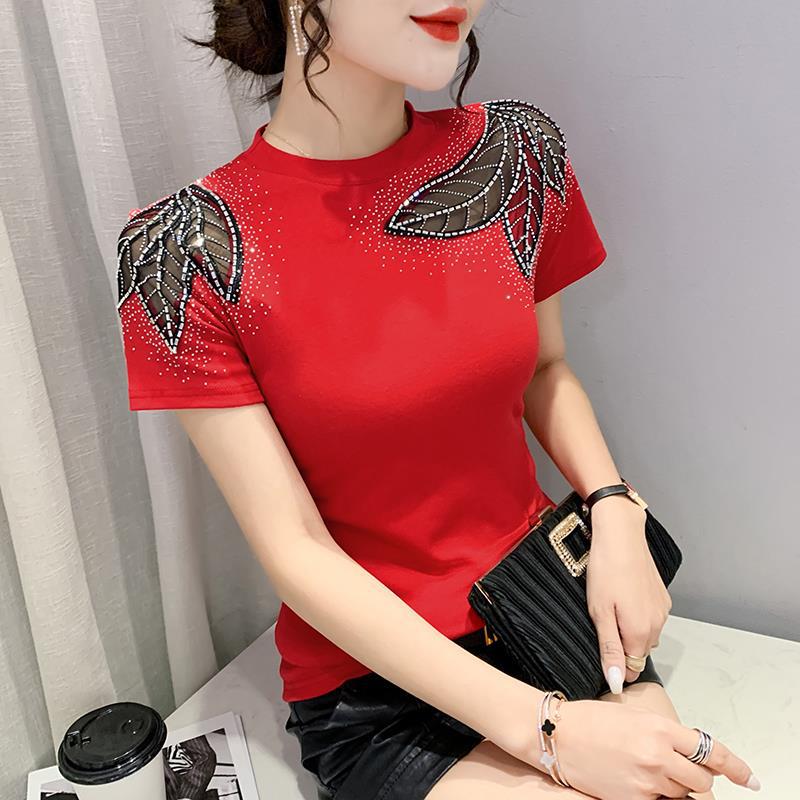 Women's Neck Fashion Hollow Lace Hot Drilling Slim Fit Women's T-shirt