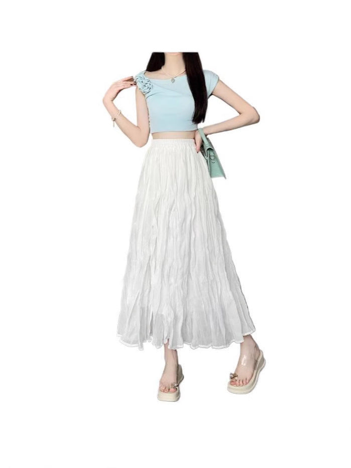 Women's White Elastic Waist A- Line Summer High Casual Elegant Long Skirt