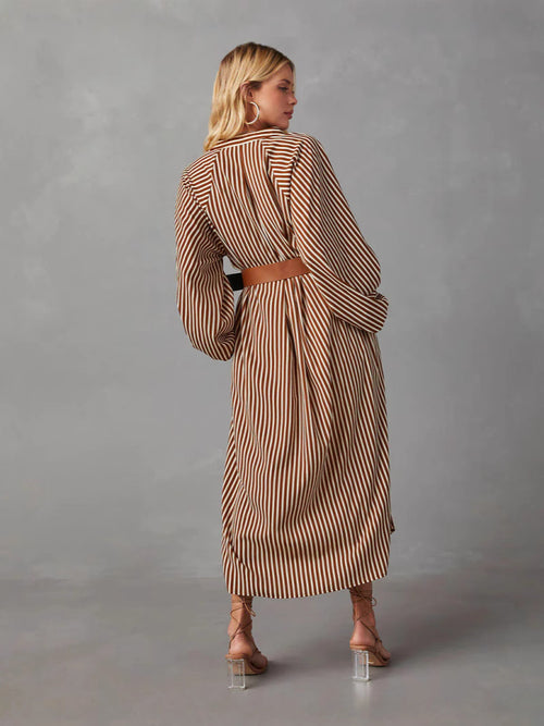 Fashion Striped Belt Long Sleeve Mid-length Dress