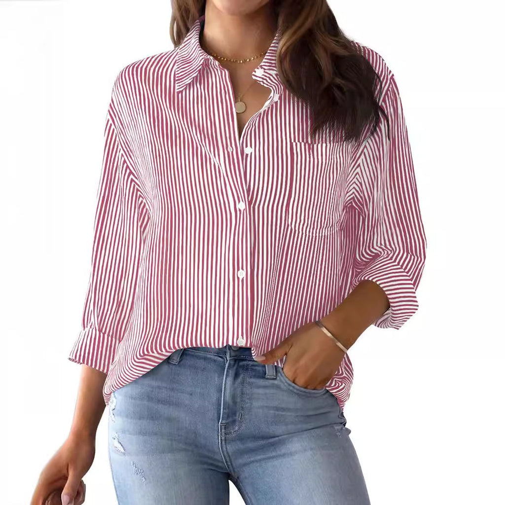 Women's With Pocket Loose Striped Classic Long Sleeve Tops