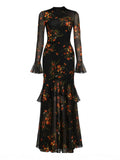 Women's Voile Floral Elegant Graceful Ruffles Long Sleeve French Dress