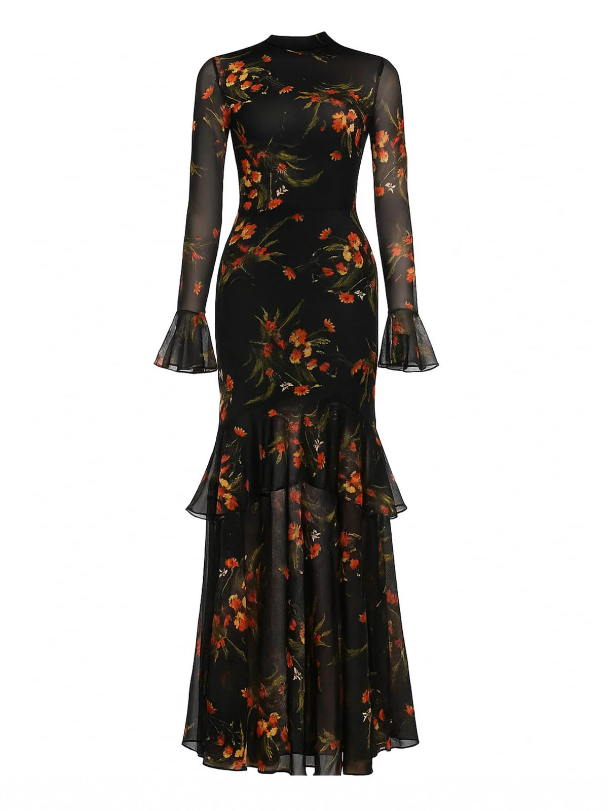 Women's Voile Floral Elegant Graceful Ruffles Long Sleeve French Dress