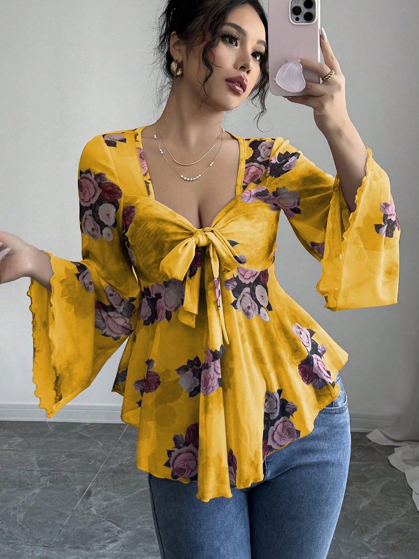 Design Sense French Sweet Flower Blooming Square Collar Long Blouse