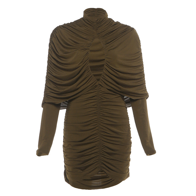 Women's Fashionable Temperamental Solid Color Pleated Sexy Dress