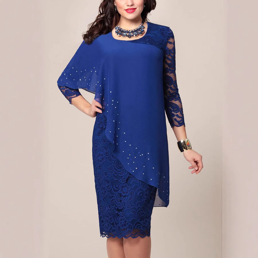 Large Solid Color Lace Stitching Elegant Cropped Dress