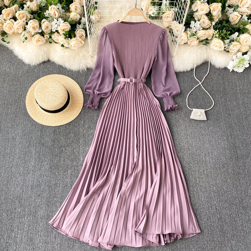 Women's Tight Waist Design Pleated Lightly Mature Dress