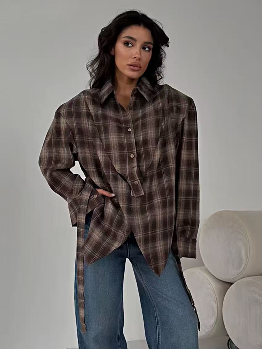 Retro Plaid Design Long Sleeve Shirt Waist Tops