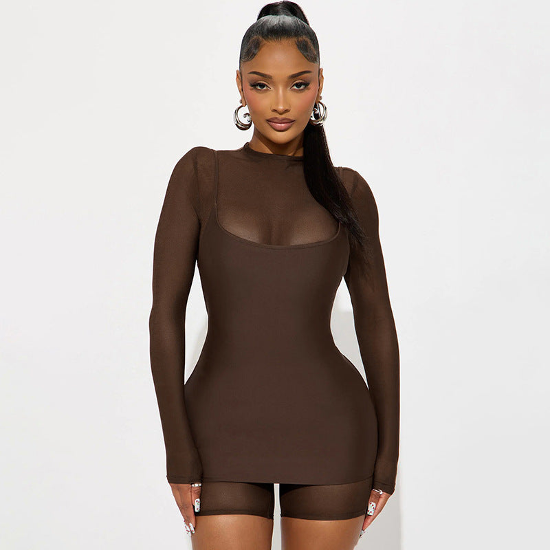 Women's Solid Color Long Sleeve Mesh Stitching Jumpsuits