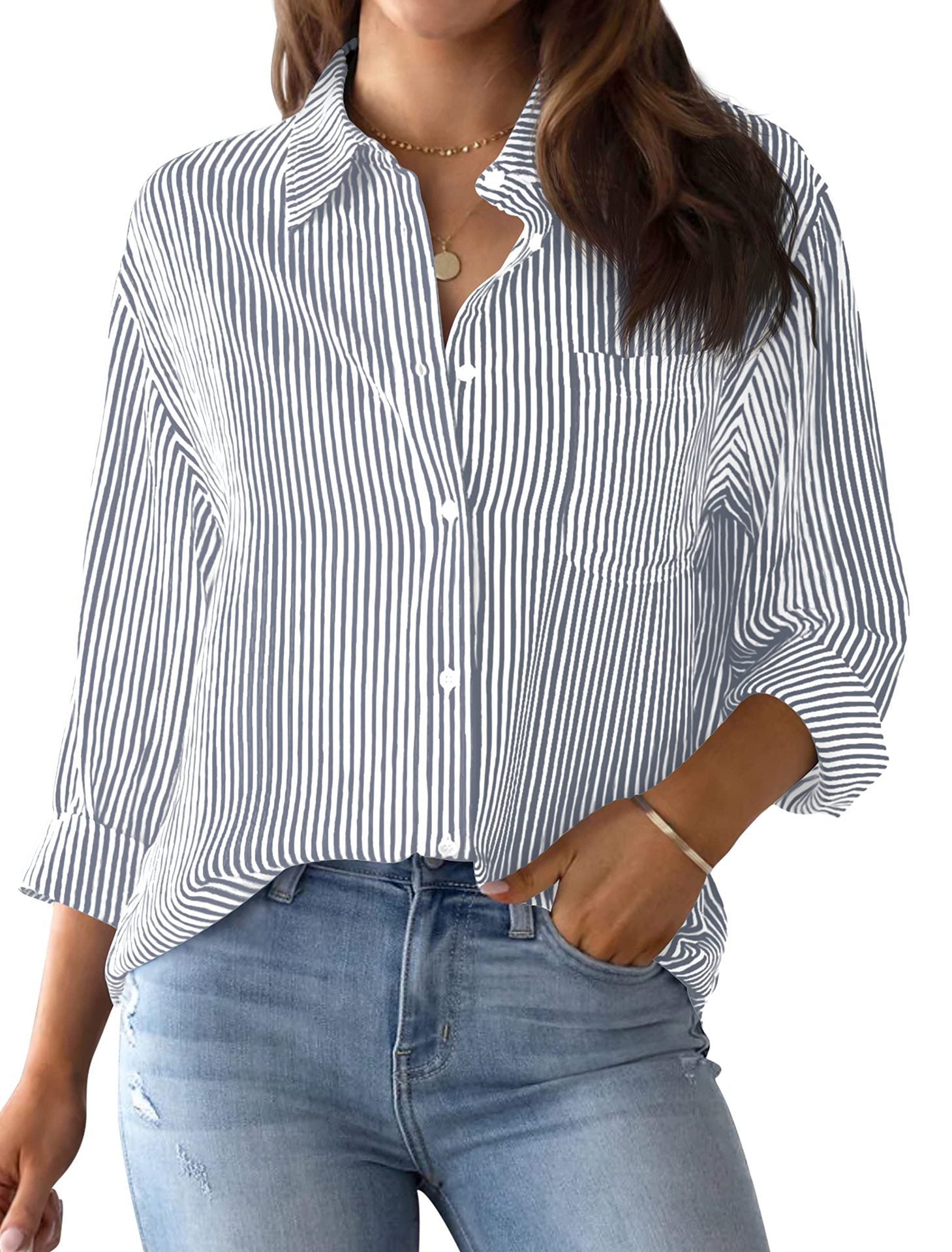 Women's With Pocket Loose Striped Classic Long Sleeve Tops