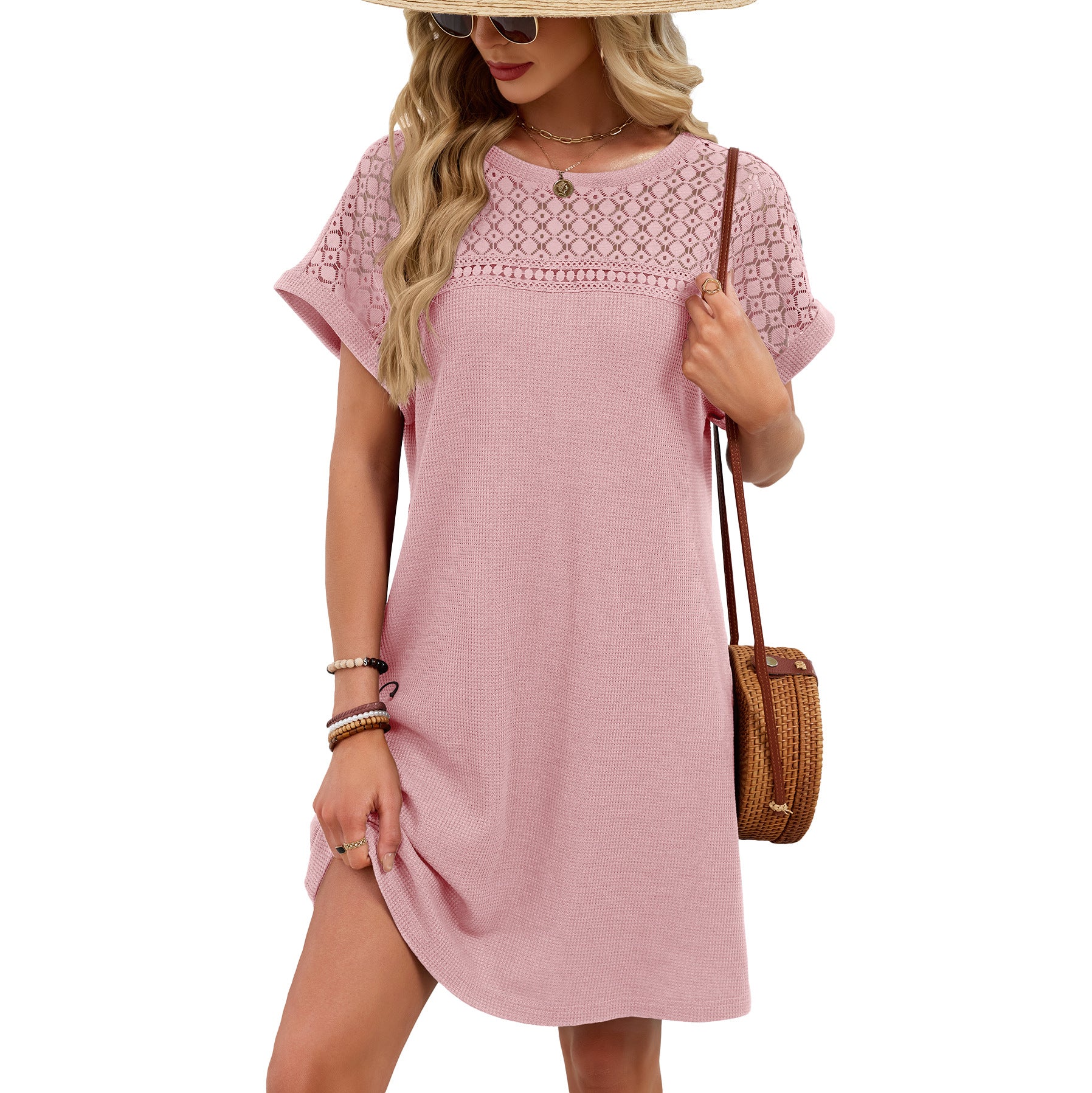 Solid Color Round Neck Lace Stitching Loose Dress