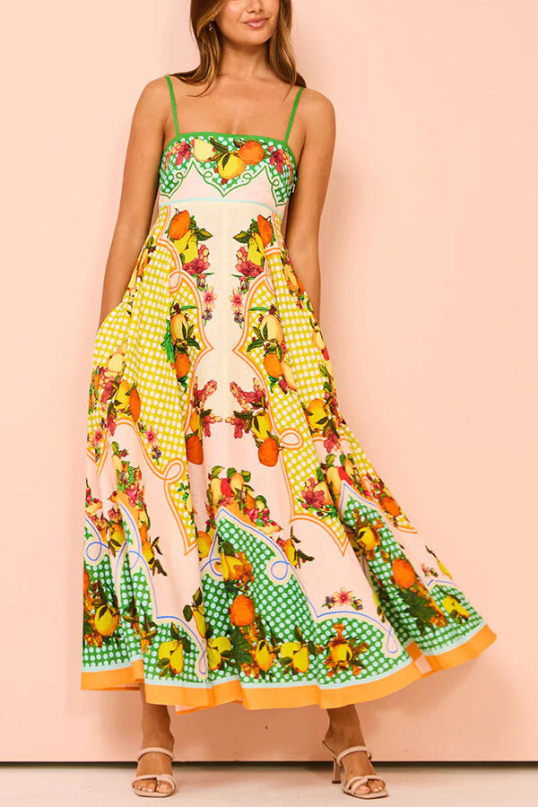 Women's Sexy Strap Positioning Printed Sleeveless High Waist Large Dress