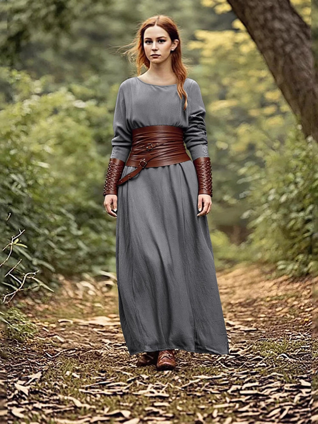 Women's Medieval Retro Crew Neck Long Sleeve Slim Artistic Cotton Linen Dress