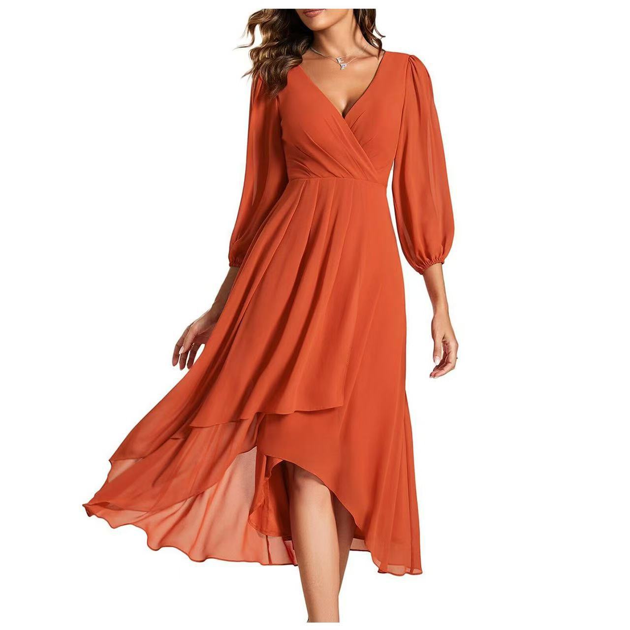 Women's Solid Color Sleeve Tight Waist Slim Bridesmaid Dress