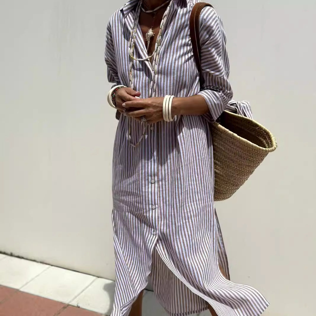 Women's Half Sleeve Striped Lapel Shirt Dress Blouse