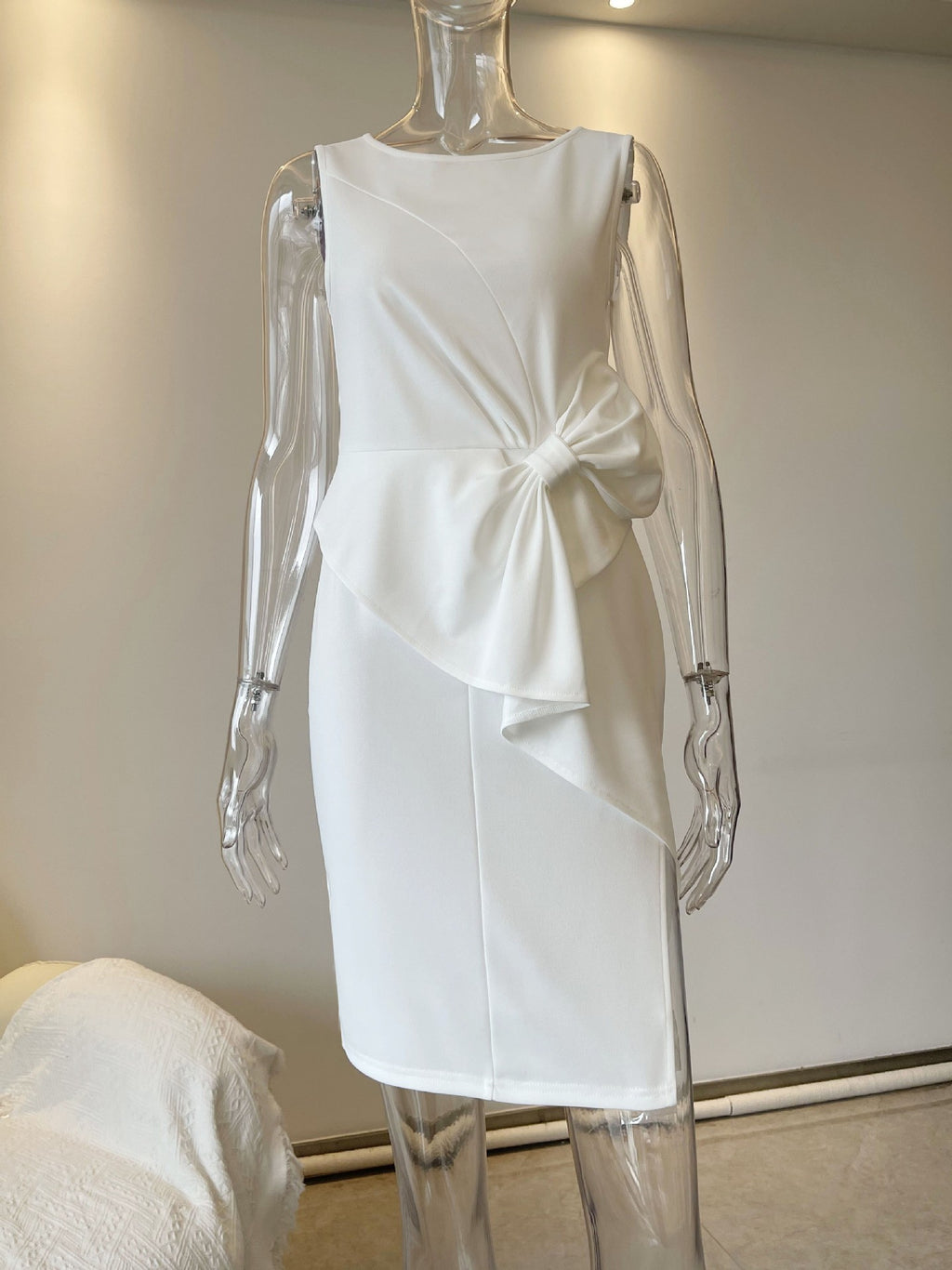 Fashionable Elegant Style Chinese Bow Mid Dress