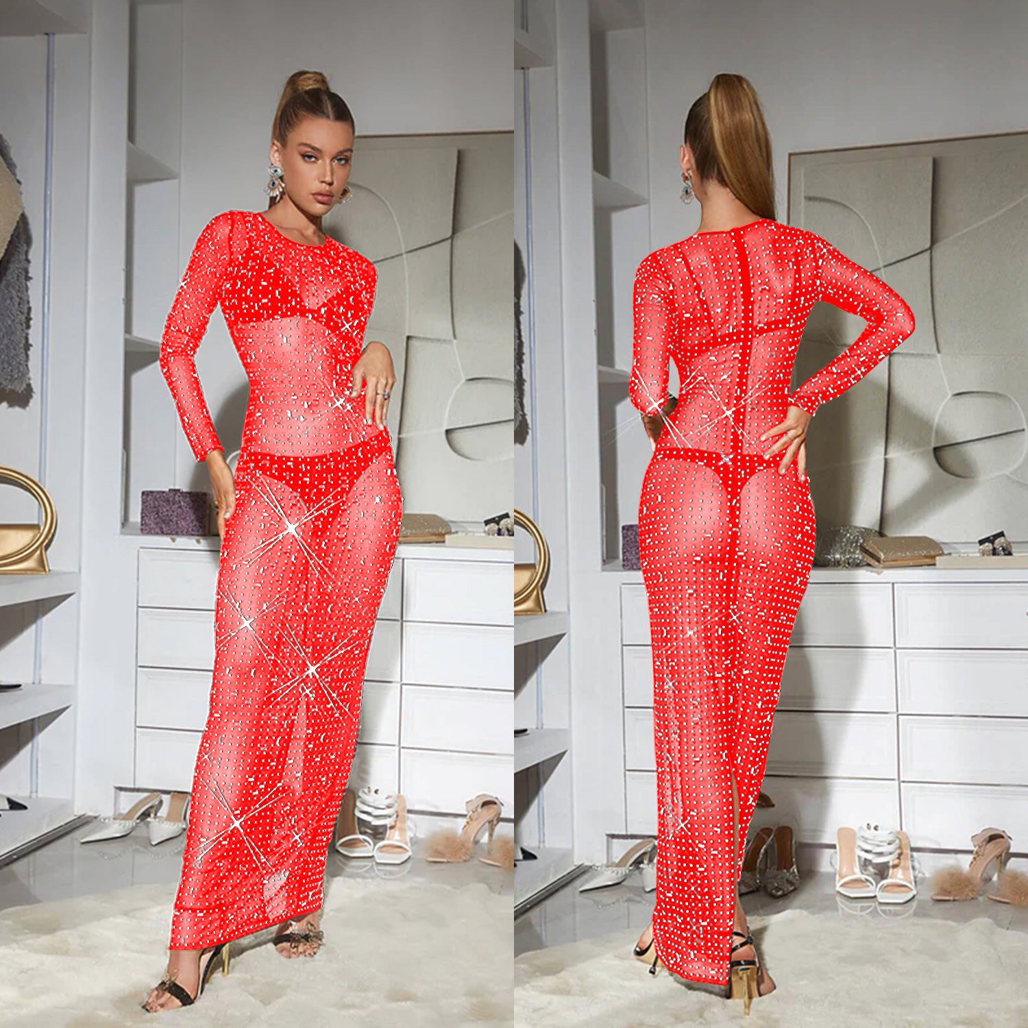 Women's Wear Pure Color Mesh Rhinestone Long Dress