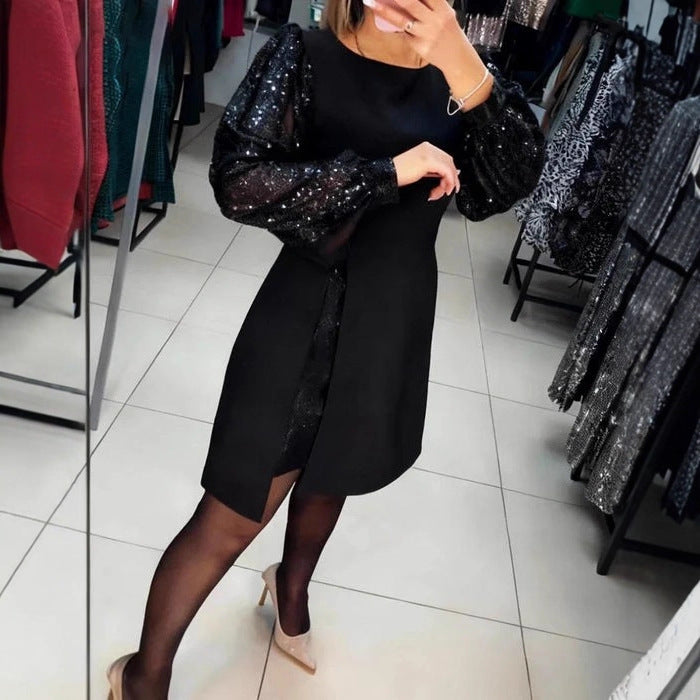 Durable Elegant Stitching Sequined Puff Sleeve Dress