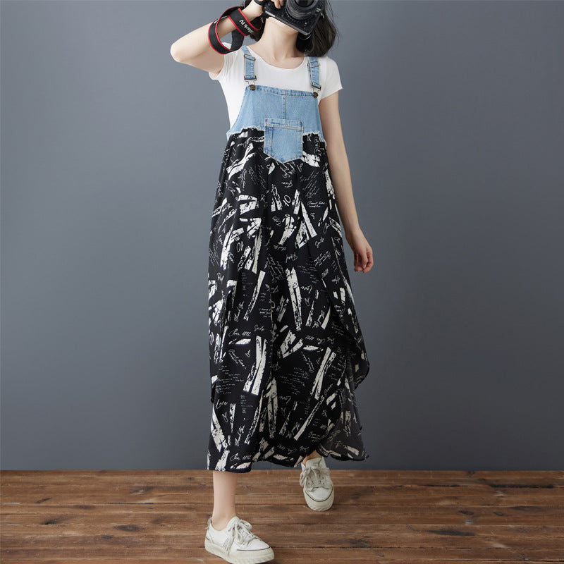 Color Loose Denim Stitching Floral Strap Dress