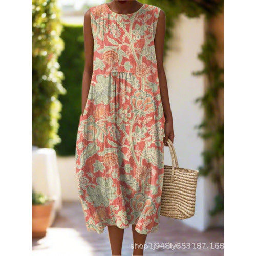 Summer Digital Printing Pattern Sleeveless Long-sleeved Dress