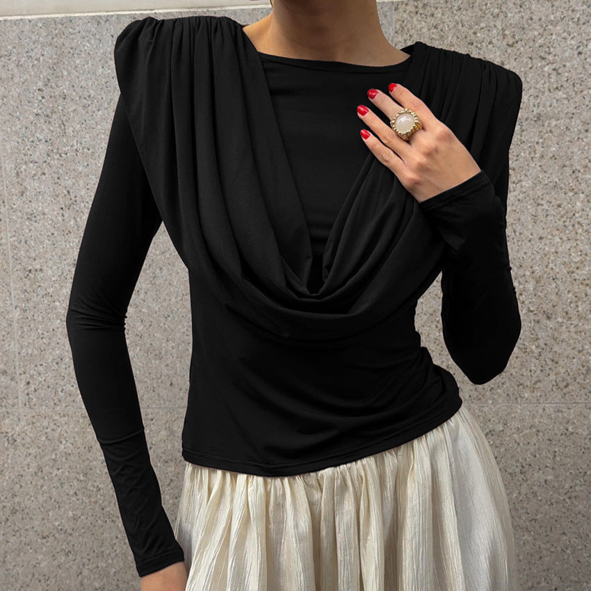 Women's Pleated Waist Tight Swing Collar Long-sleeved Beautiful Women's T-shirt