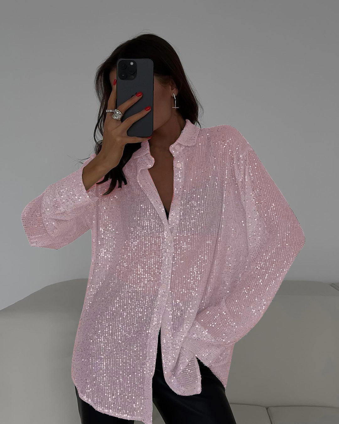 Women's Sequin Lapel Long Sleeve Basic Style Blouse