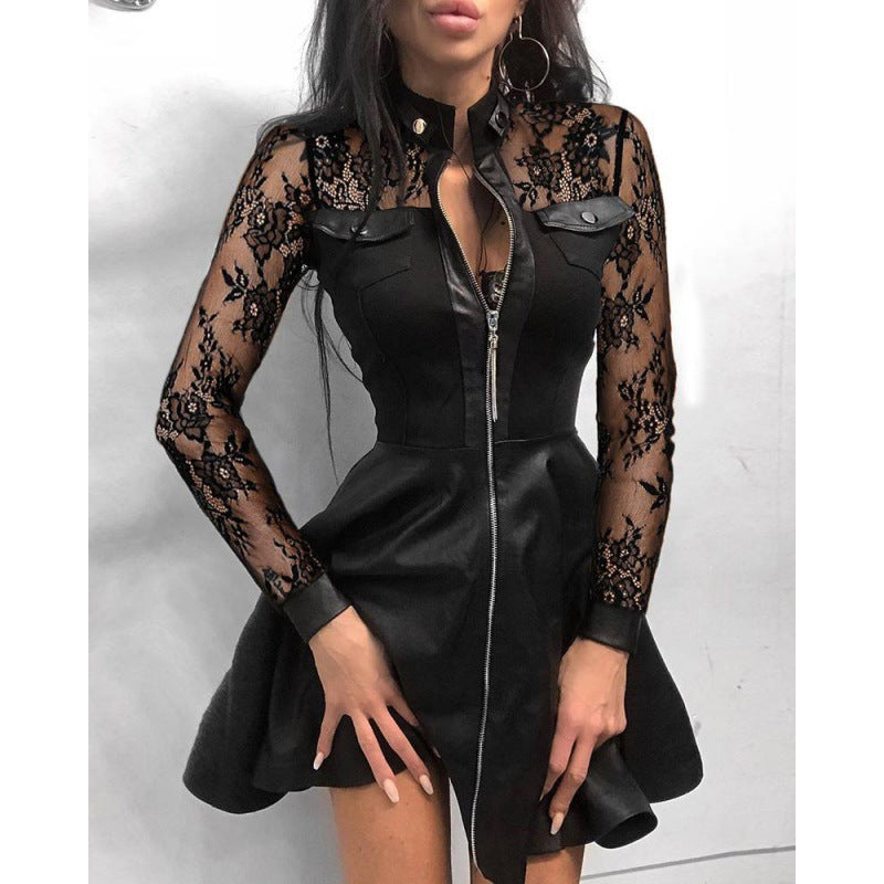 Comfortable Women's Fashion Leather Stitching Waist Dress