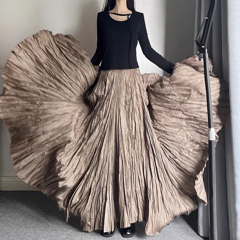 Women's Irregular Pleated A- Line Large Hem Umbrella Elastic High Waist Skirt
