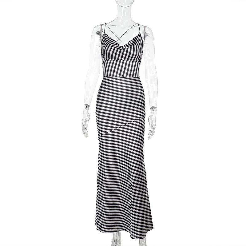Women's Backless Striped With Suspenders Vacation Style Dress