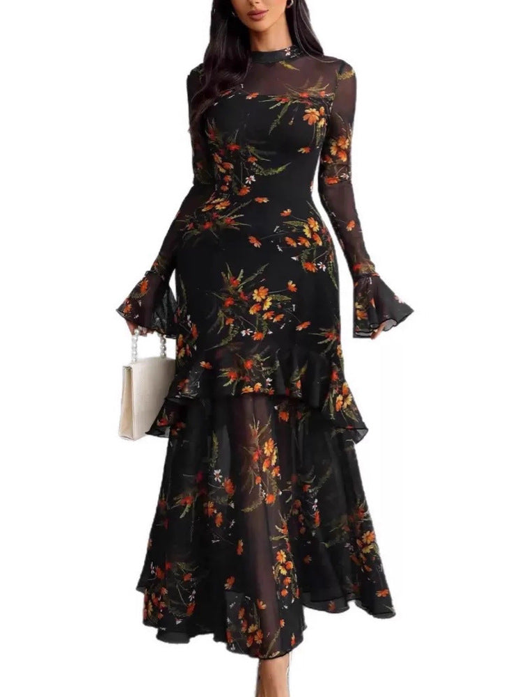 Printed Black Ruffle Sleeve Plant Flower Print Niche Female Dress