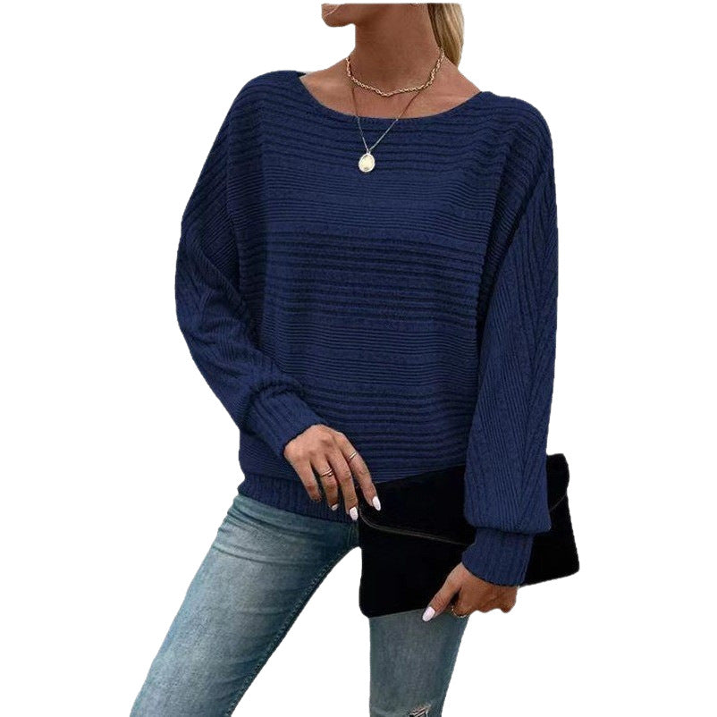 Women's Solid Color Striped Round Neck Splicing Pullover Women's Sweater