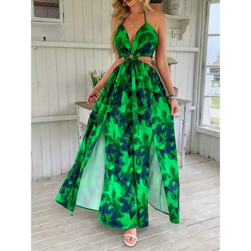 Women's Floral Backless Side Slit Suspender French Print Dress