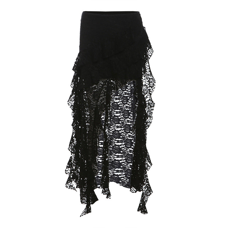 Women's Autumn Unique Design Black Lace Wavy Pleated Edge Skirt