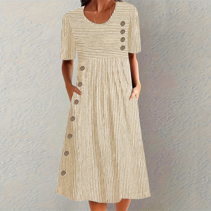 Women's Summer Sleeve Striped Fashion Wear Elegant Fastener Decoration Skirts