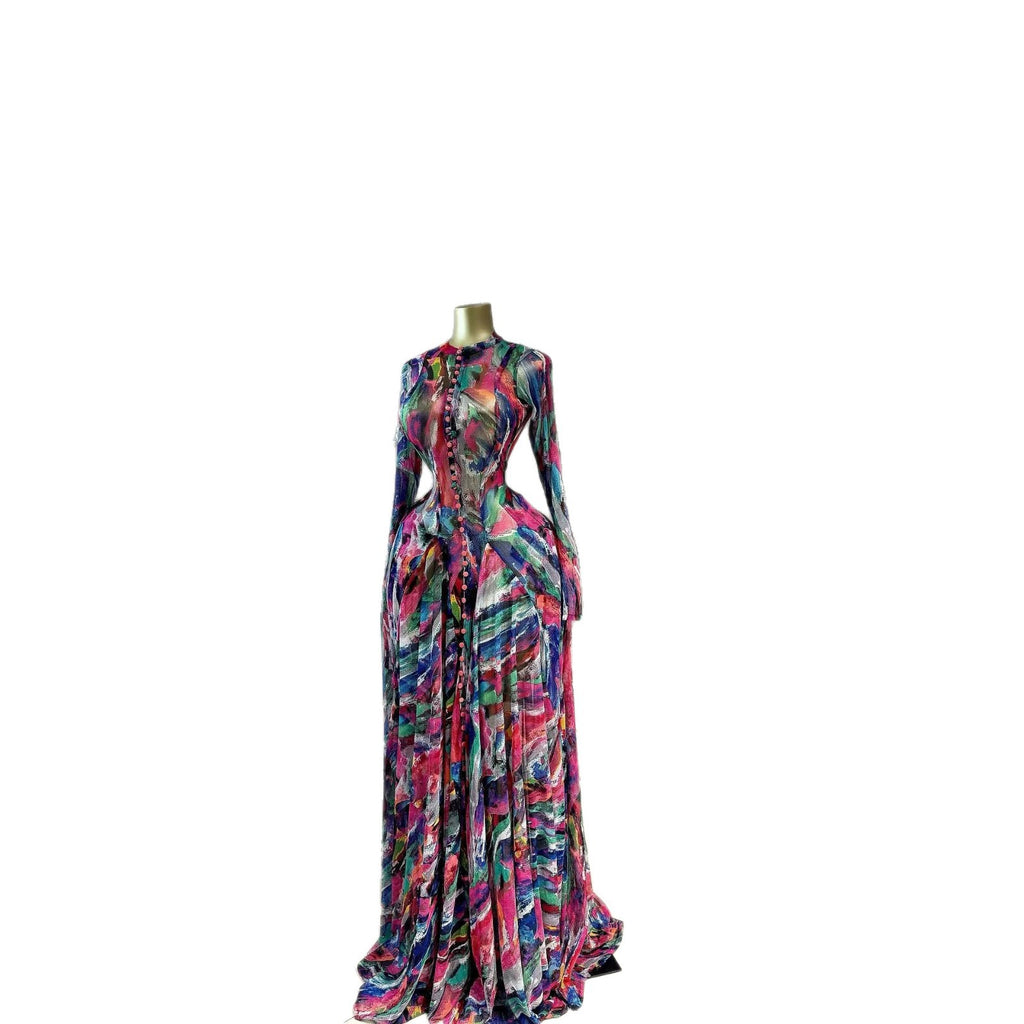 Women's African Temperament Printed Large Swing Round Neck Dress