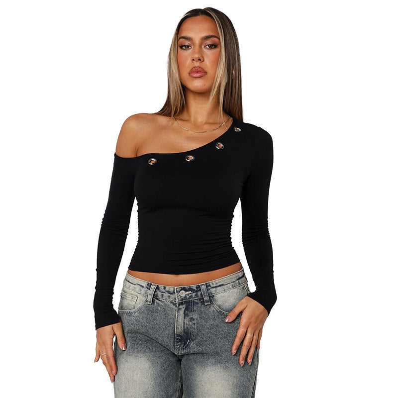 Women's Autumn Cold-shoulder Corns Solid Color Cropped Tops