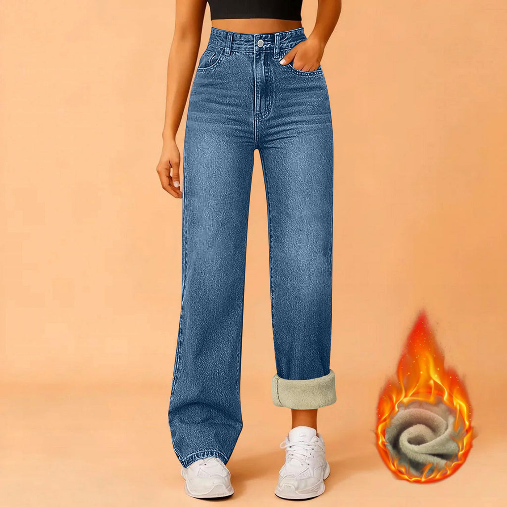 Women's Fleece Padded Loose Straight Ladies Women's Jeans