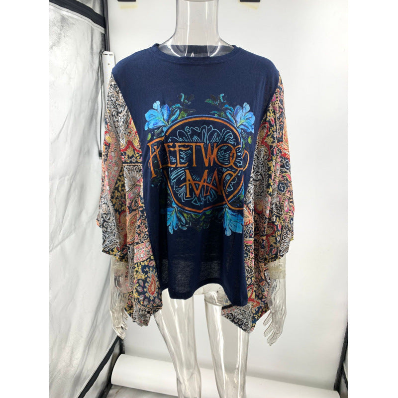 Women's Printed Round Neck Loose Casual Dolman Women's T-shirt
